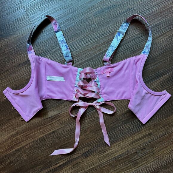 Dolls Kill SUGAR THRILLZ S Underbust Corset Lace Up Pink Floral Bustier Small - Picture 6 of 10
